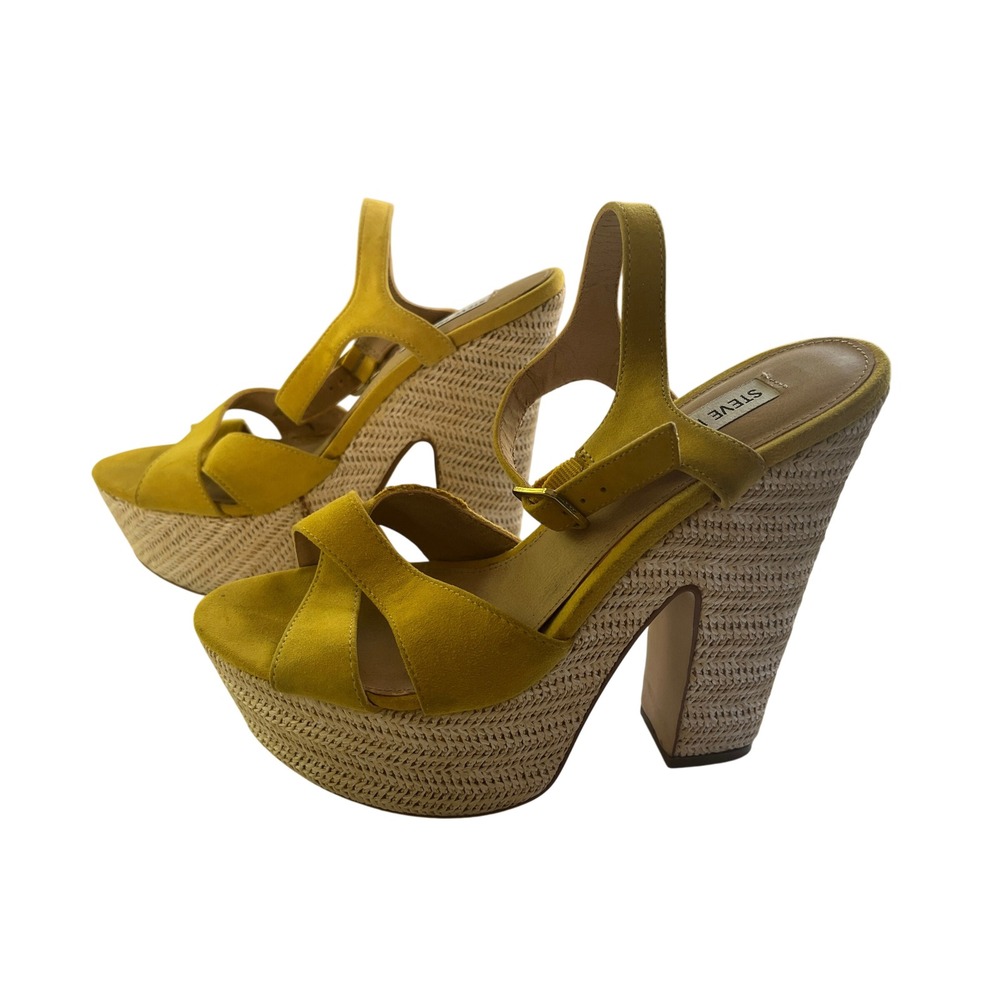 Steve Madden Mustard Yellow Suede Espadrille Platform Wedge Sandals Womens